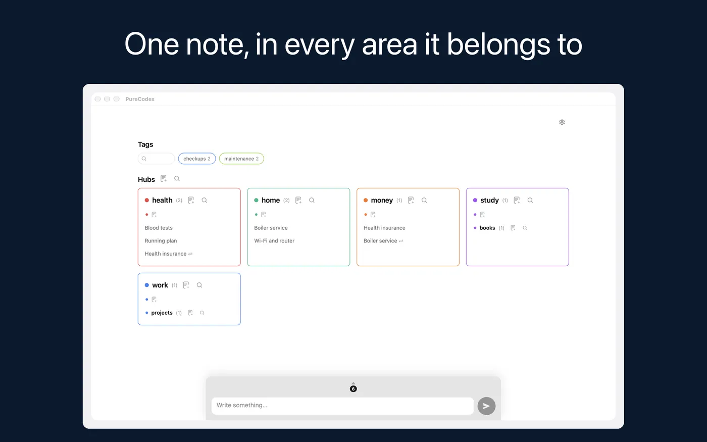 One note, in every area it belongs to. The areas on the Mac, an item listed in more than one of them.