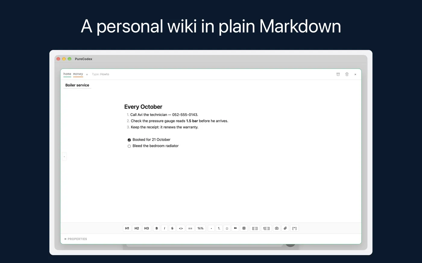 A personal wiki in plain Markdown. A note open in the live-preview editor on the Mac.