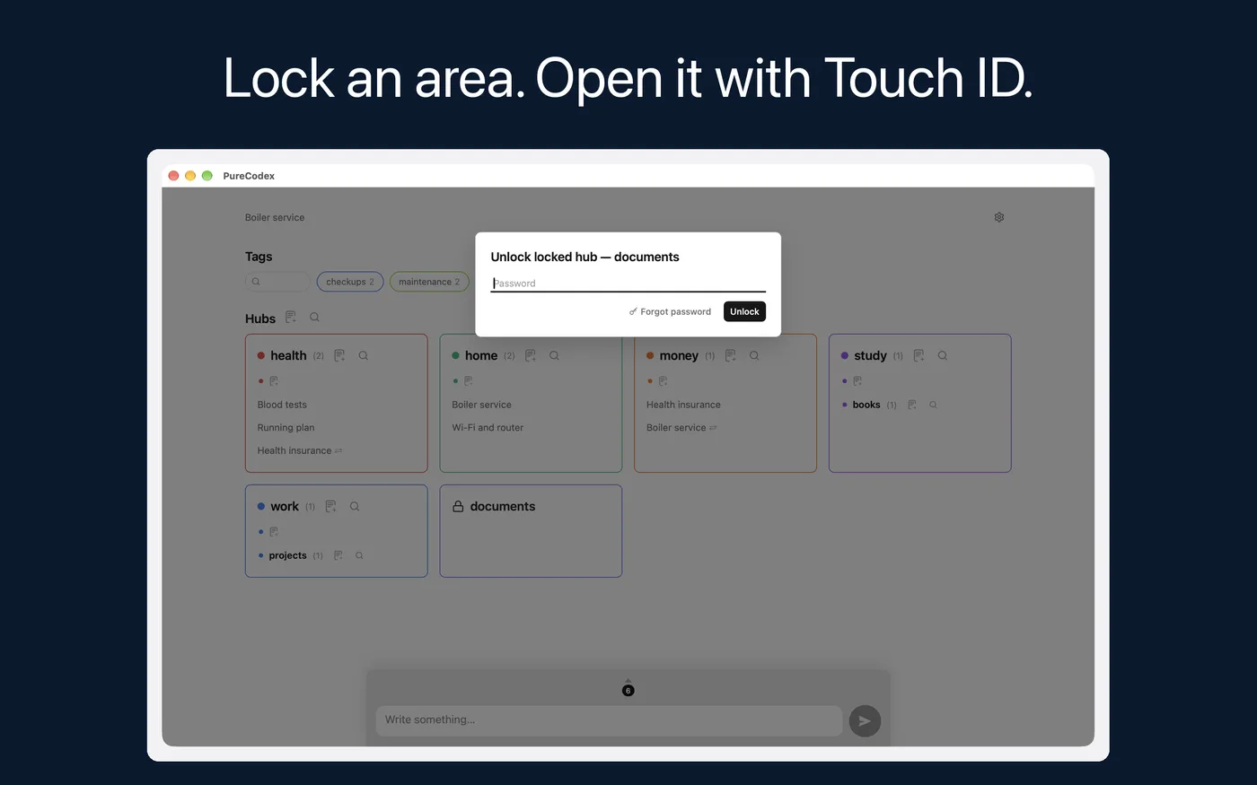 Lock an area. Open it with Touch ID. The password window of a locked area on the Mac.