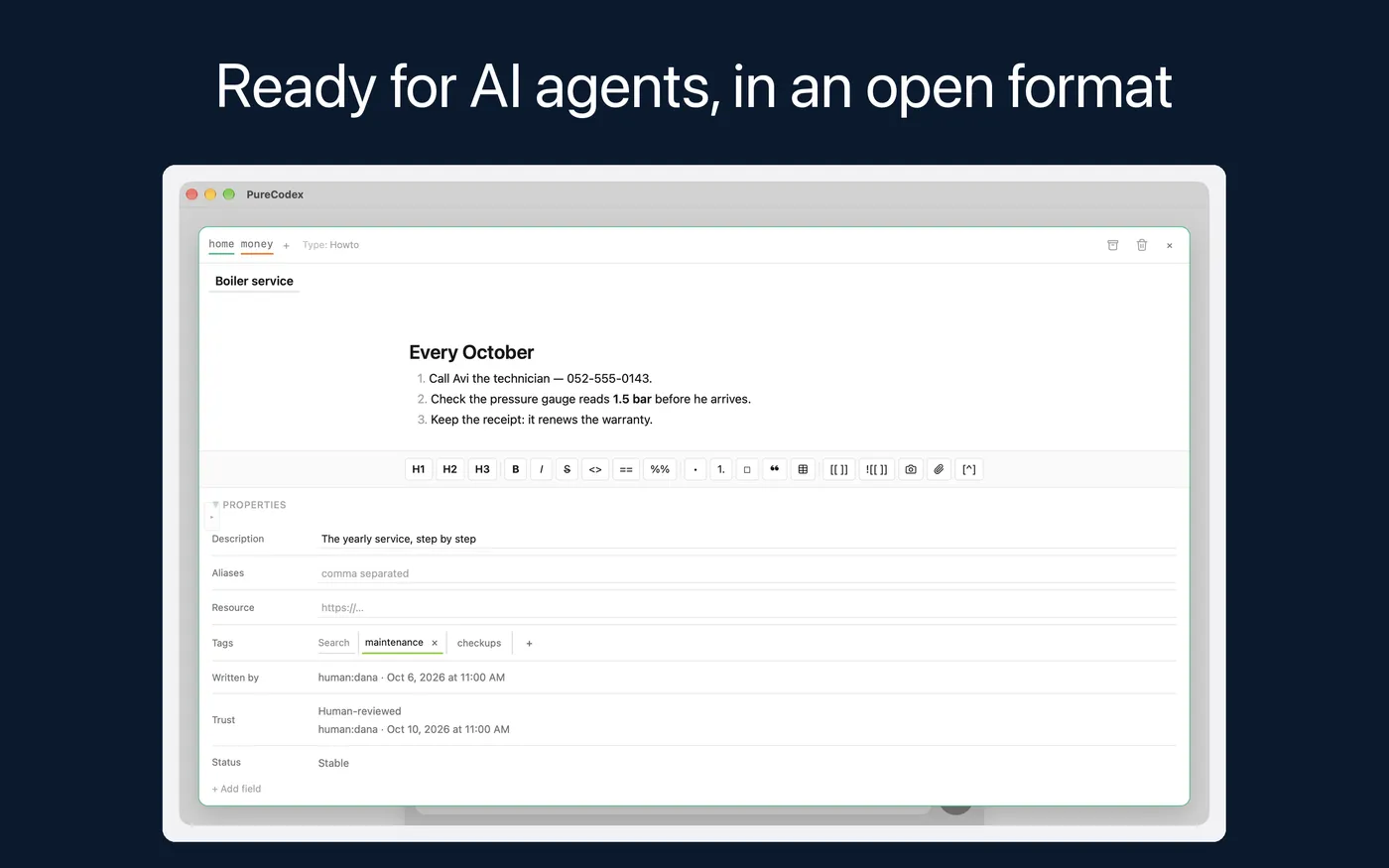 Ready for AI agents, in an open format. An item's type and provenance in its properties panel on the Mac.