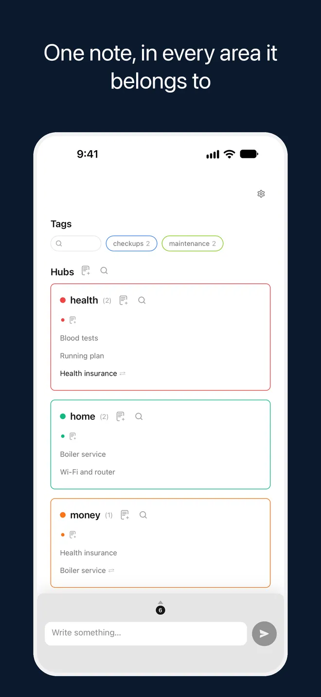 One note, in every area it belongs to. The home screen with the areas health, home and money, an item listed in two of them.