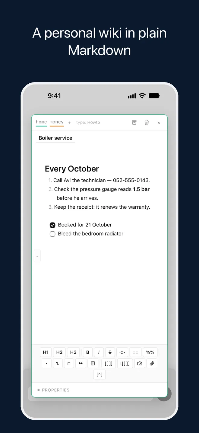 A personal wiki in plain Markdown. A note open in the live-preview editor on iPhone.
