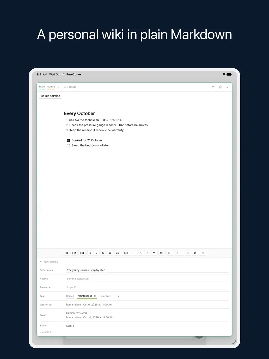 A personal wiki in plain Markdown. A note open in the editor on iPad.