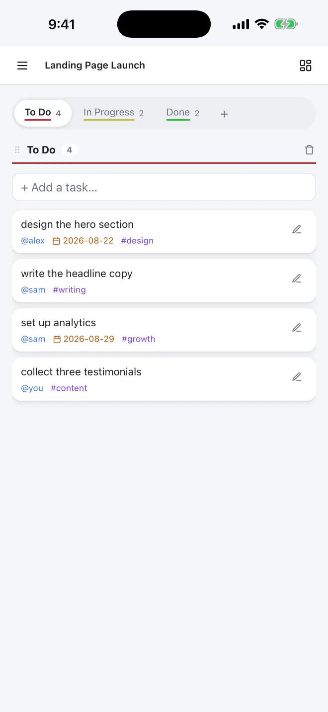 A goal board on iPhone, one column at a time, with the other columns as tabs across the top.