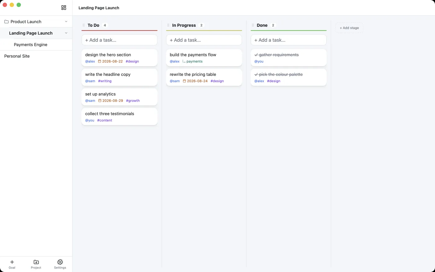 The Landing Page Launch board on macOS: To Do, In Progress and Done, with assignees, due dates and tags on the cards.