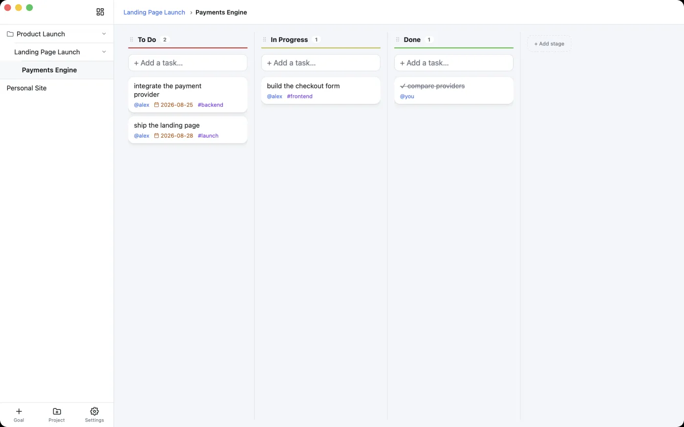 The Payments Engine sub-goal board, with a breadcrumb back to the goal it belongs to.