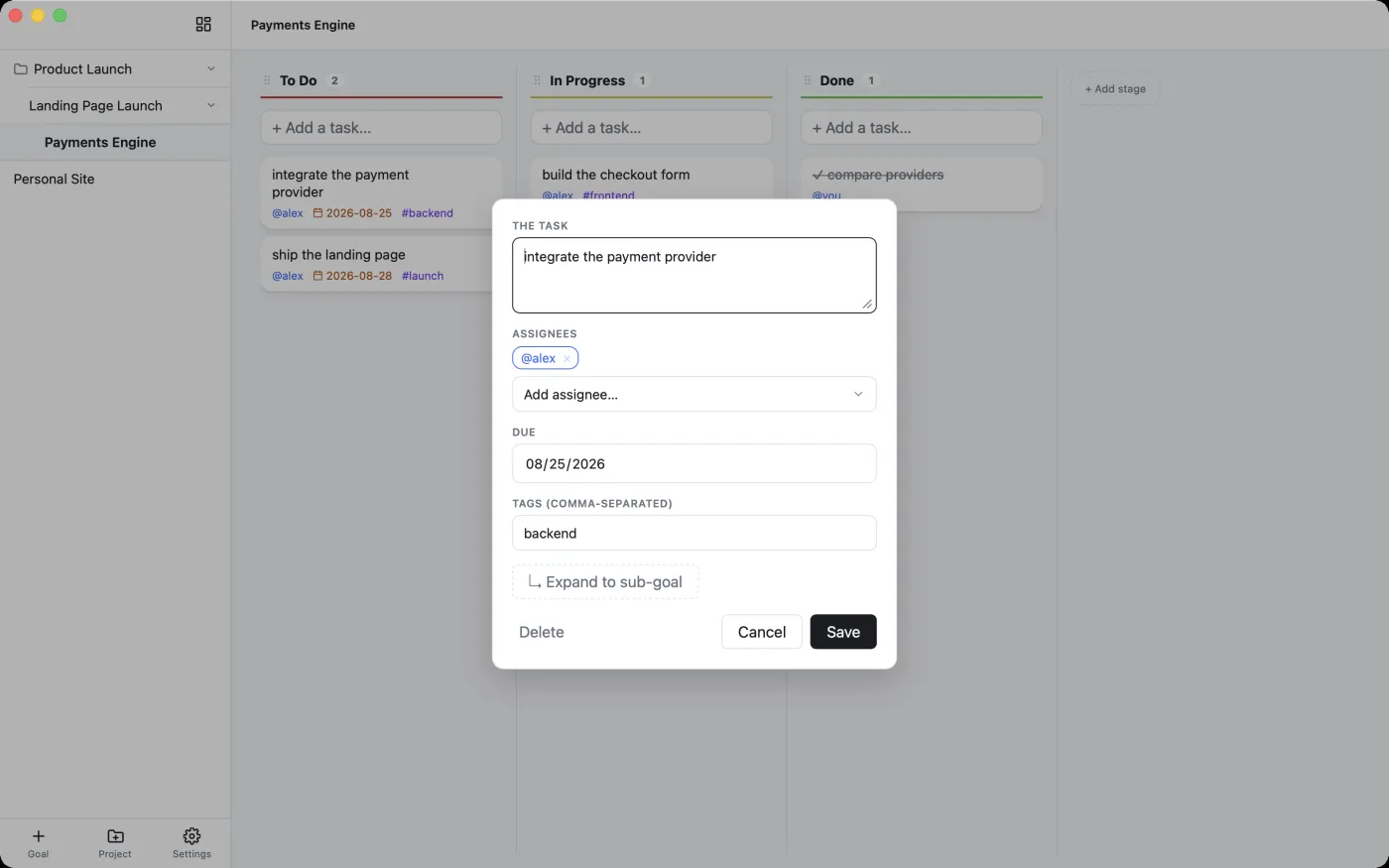 The card editor with assignees, a due date, tags, and the button that expands the task into a sub-goal board.