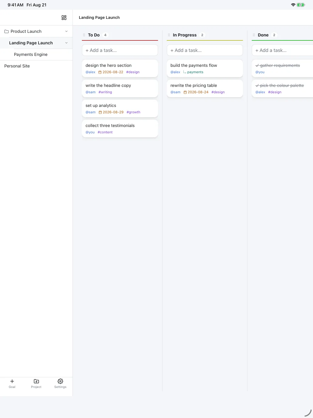 A goal board on iPad with all three columns side by side and the workspace tree in the sidebar.