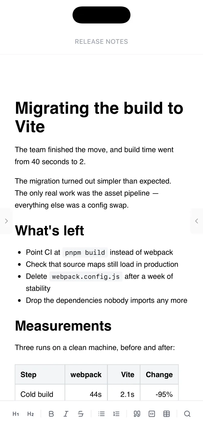 A Markdown document on iPhone with a heading, a table and a code block, edited as formatted text.