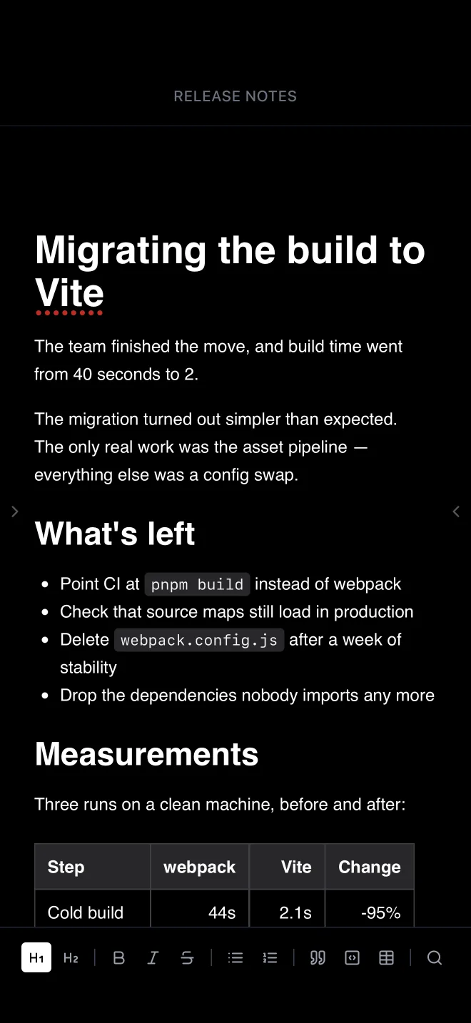 The same document on iPhone in dark mode, with the text light on a black page.