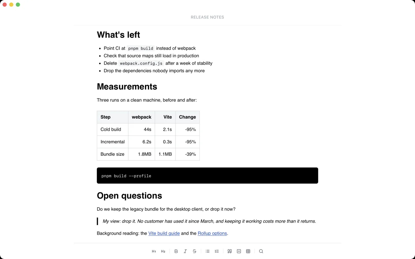 A Markdown document in PureWrite with a table, a code block, a quote and two links, edited as formatted text.
