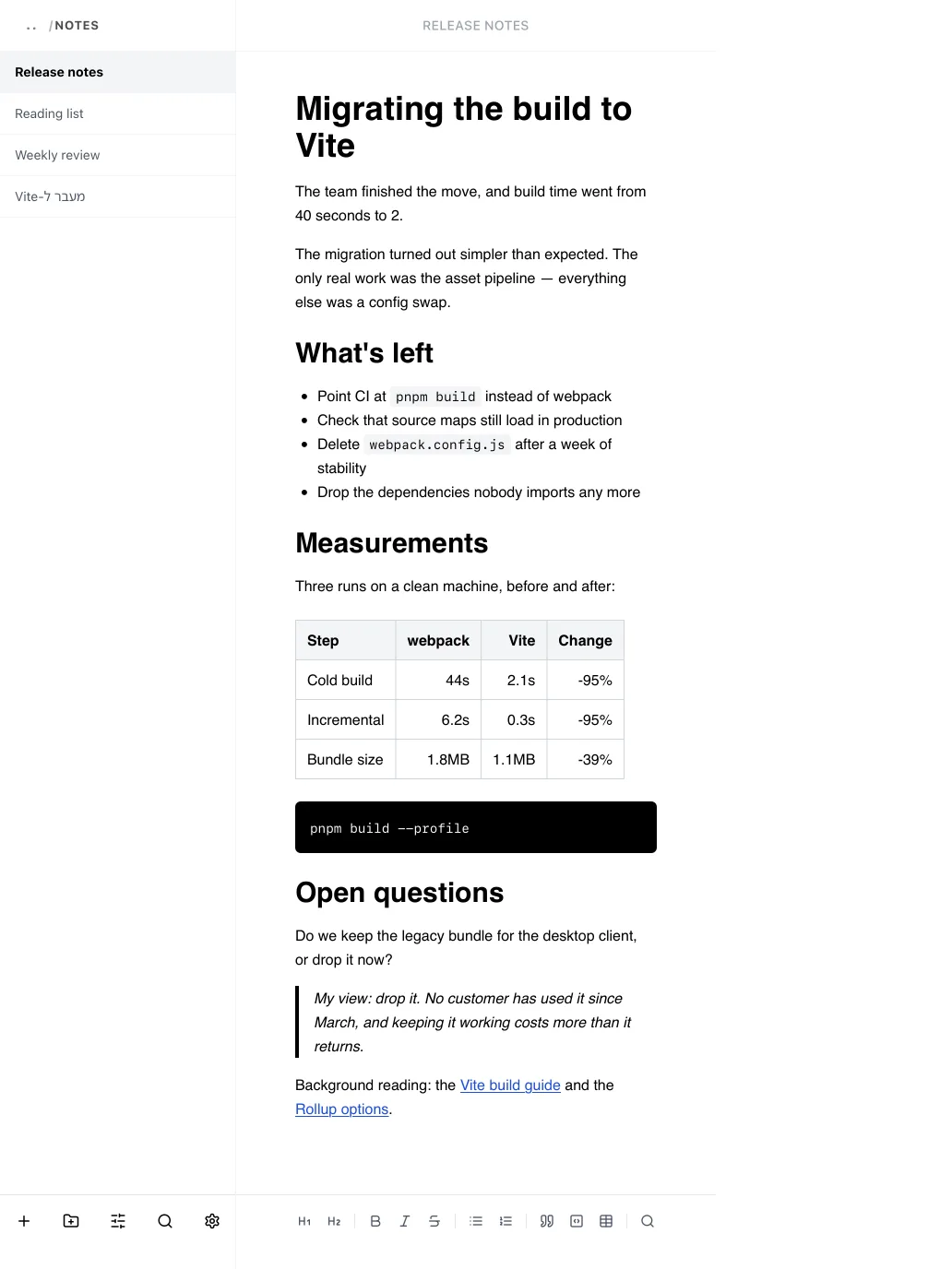 A Markdown document on iPad with the file sidebar alongside the page.